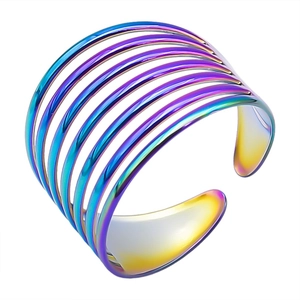 Close-up of rainbow gradient 304 stainless steel ring with 7-layer geometric open design