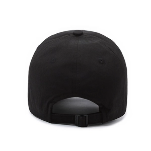 Rear view of minimalist black cotton baseball cap with adjustable back strap closure