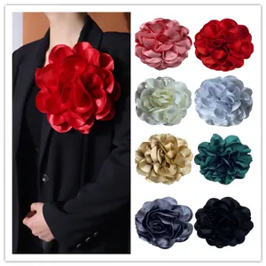 French Elegant Large Satin Fabric Flower Brooch For Women Handmade Multilayer Camellia Rose Pin Clothing Accessory Party Wedding