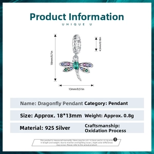Detailed view of S925 silver dragonfly pendant with colorful cubic zirconia and dimensions