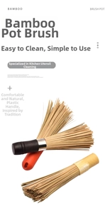 Three types of bamboo pot brushes with red, black, and natural wood handles for cleaning