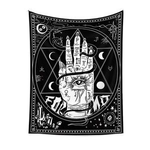 Bohemian black and white mystic tapestry with palmistry hand, snake and moon phases