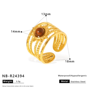 Adjustable stainless steel sun ring with tiger eye stone, waterproof jewelry detail