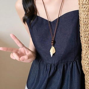 Starfish leather cord necklace with natural conch shell pendant and wooden beads