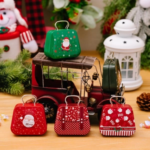Christmas tinplate mini suitcase candy boxes with Santa patterns and golden handles