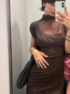 Elegant brown mesh patchwork bodycon dress with sheer details and ruched waist for women