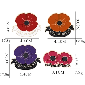 Poppy enamel pins with Lest We Forget text showing detailed dimensions and weight