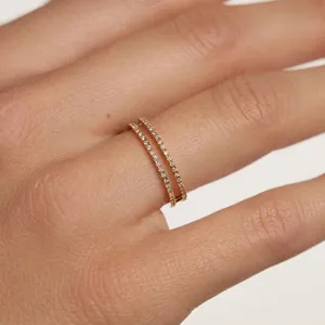 Sparkling S925 sterling silver double-layered pave diamond ring with gold finish for women