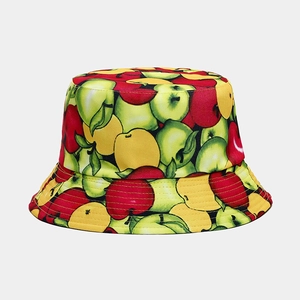 Detail of colorful apple pattern on high quality twill cotton bucket sun hat fabric