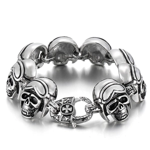 Retro stainless steel men's skull link bracelet with goggles and vintage silver finish