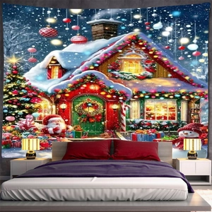 Close-up of cozy Christmas tapestry with snow cabin and Santa hanging above bed