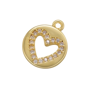 Detailed view of a gold plated round pendant with zircon stones and heart cutout
