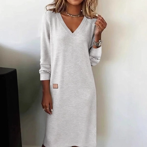 Casual light grey V-neck long-sleeve knit dress with a slim fit and midi length