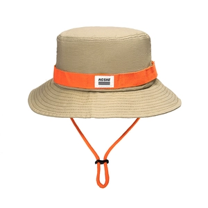 Men's khaki wide brim sun hat with orange trim and adjustable chin strap for hiking