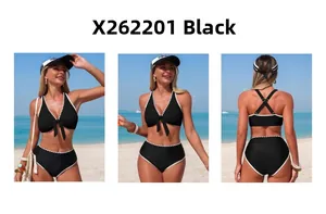 Detailed three-way view of a black high-waisted bikini with white wavy scalloped edges
