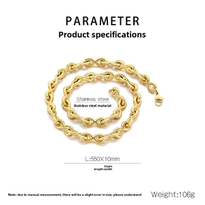 Detail view of 550mm gold stainless steel infinity chain necklace with dimensions shown