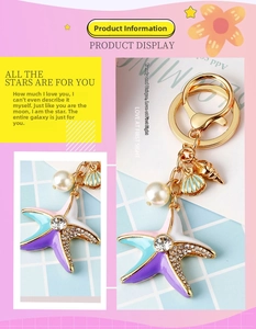 Detail of starfish keychain with colorful enamel, rhinestones, pearls and golden shell