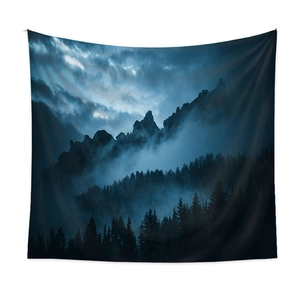 Bohemian forest tapestry featuring misty mountains and blue nature landscape wall decor
