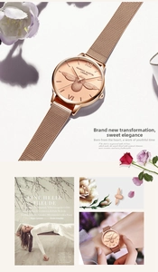 Détail de l'abeille en relief 3D sur cadran or rose avec bracelet en maille tressée