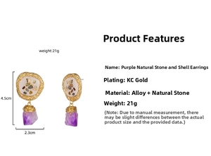Detail shot of purple natural stone earrings with gold plating and shell inlay textures