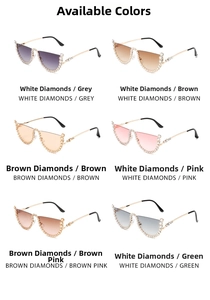 Detail grid of cat-eye sunglasses with rhinestone edges and gradient lenses in six colors