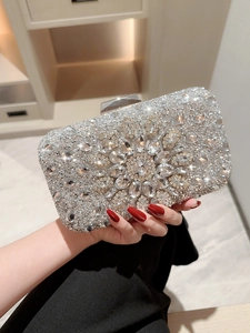 Elegant silver evening clutch bag with sparkling sunflowers rhinestones and chain strap