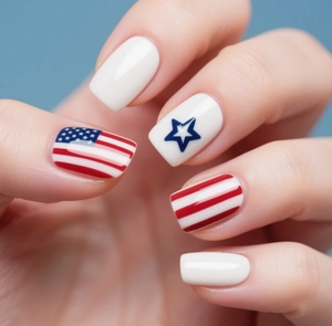 Macro view of Independence Day press-on nails with red white stripes and blue stars