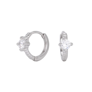 S925 sterling silver hoop earrings with round clear zircon stones in a four-prong setting