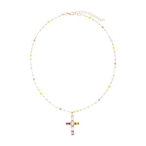 Golden cross necklace with colorful glass beads and sparkling crystal stones