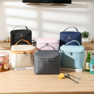 Insulated lunch bag in six colors for office or picnic, shown on a bright kitchen counter
