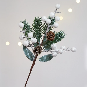 Artificial Christmas pine branch with white glitter berries and pine cones for decor