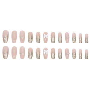 French ballerina press-on nails with pink glitter, rhinestones, and white 3D butterfly charms