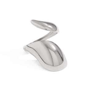 Detail of silver lava-style stainless steel ring with a polished spiral design structure