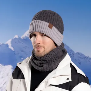 Men Winter Beanie Hat And Neck Warmer Knit Acrylic Fleece Lined Thermal Windproof Outdoor Thick Soft Patch Decor Fashion