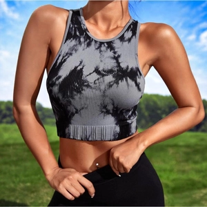 Seamless tie-dye ribbed knit sports tank top for women in grey and black outdoors