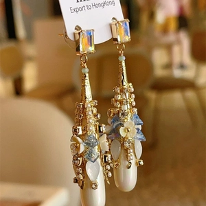Bohemian gold plated waterdrop earrings with pearls and blue crystals for women