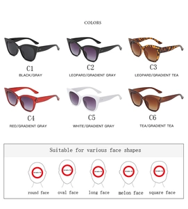 Detailed view of six vintage cat-eye sunglasses colors with facial shape guide