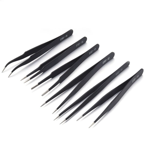 Set of 6 black anti-static stainless steel tweezers with straight and curved tips