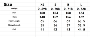 Detailed size chart for elegant high collar wool coat including chest and sleeve measurements