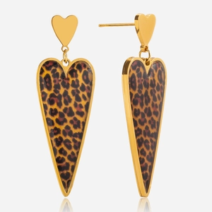 Vintage Leopard Print Heart Dangle Earrings Stainless Steel Gold Plated Retro Fashion Jewelry For Women Heart Earrings