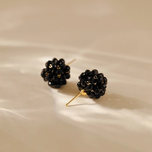 Elegant French style 18K gold plated woven earrings with black beaded cluster design