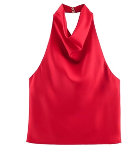 Detail of red satin cowl neck top with halter neck design and smooth silk texture