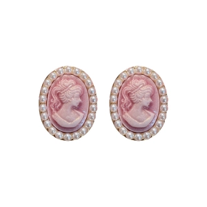 Vintage oval cameo earrings with pink profile silhouette and white pearl border