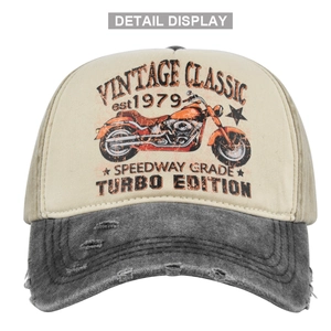 Vintage motorcycle baseball cap in beige and grey with speedway grade print and worn edges