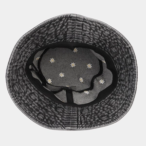 Embroidered daisy floral denim bucket hat with internal floral print details