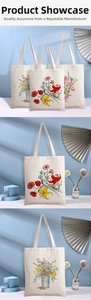 Detail of floral canvas tote bag featuring vibrant poppy and lily prints on eco-friendly fabric