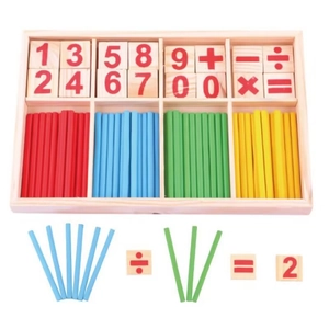 Educational wooden math learning box with colorful counting sticks and number blocks