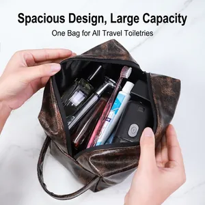 Large capacity vintage PU leather toiletry travel bag with wide open hand-held design
