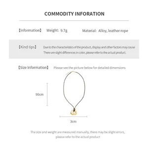 Size chart for gold irregular alloy pendant necklace with leather rope and 90cm length detail