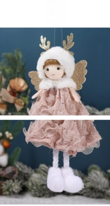 Detail of angel Christmas ornament with pink lace dress and golden glitter wings